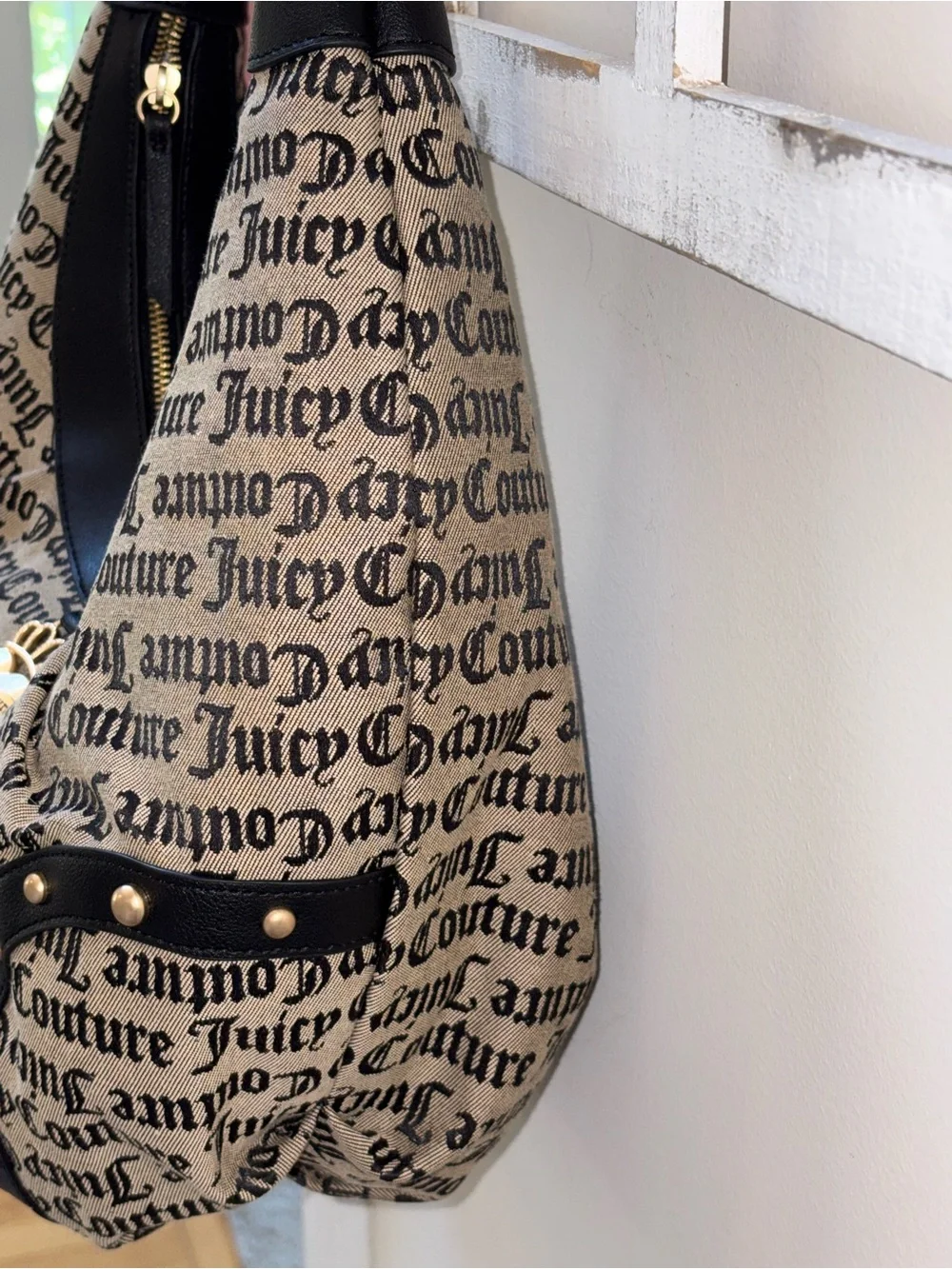 Juicy Couture Black & Beige Logo Hobo with Heart Charm